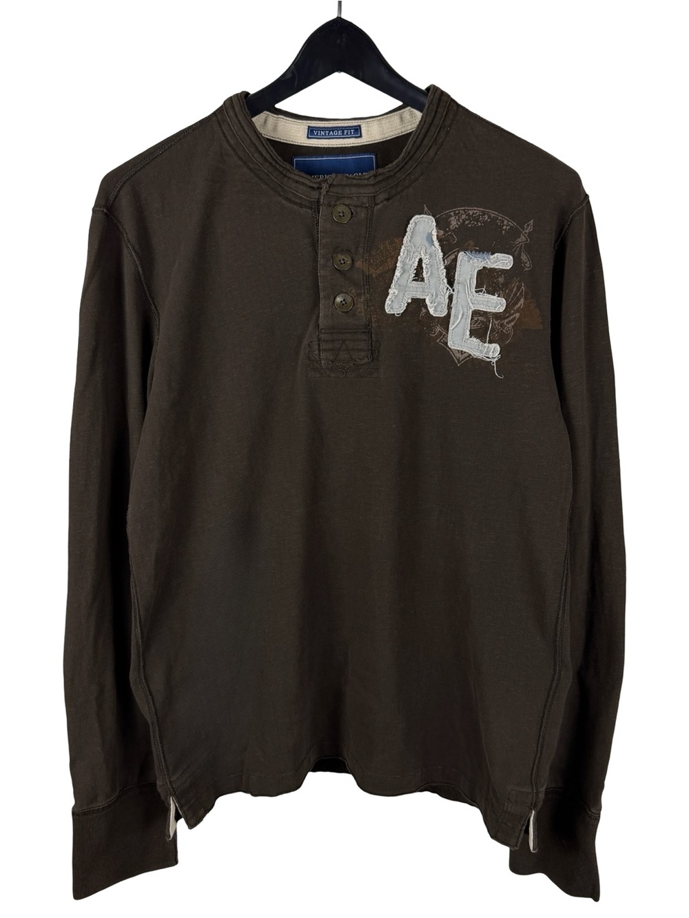 Vintage Y2K American Eagle Henley Patch Long Sleeve Grunge Brown Shirt Size M